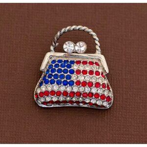 Vintage American Flag Dainty Bag Rhinestones Brooch - U21